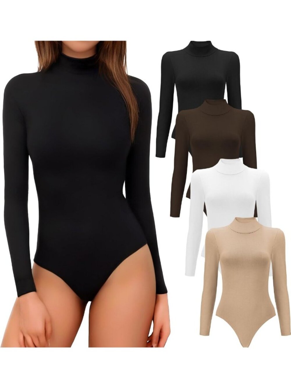 4/5 Pack Women's Long Sleeve Mock Turtleneck Bodysuits - Casual Stretchy Tops